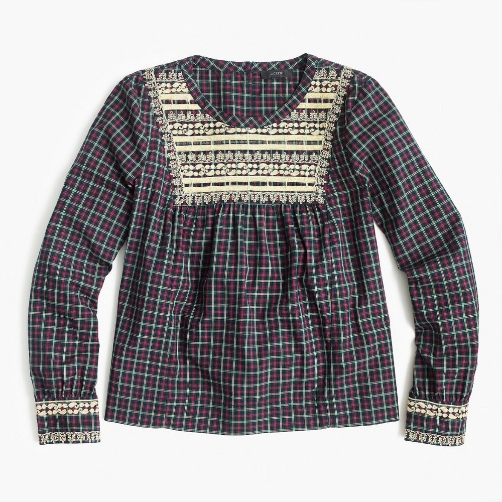 J Crew Embroidered Peasant Top Plaid Gold Filigree - Picture 3 of 8